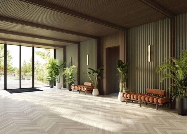 Modern interior of luxury riverside homes with stylish decor and abundant natural light.