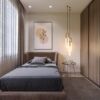 Modern bedroom with minimalist decor and natural lighting.