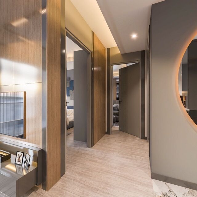 Spacious apartment hallway with contemporary design and elegant finishes.