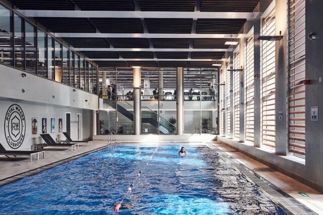 Indoor swimming pool with natural light and contemporary decor in East London.