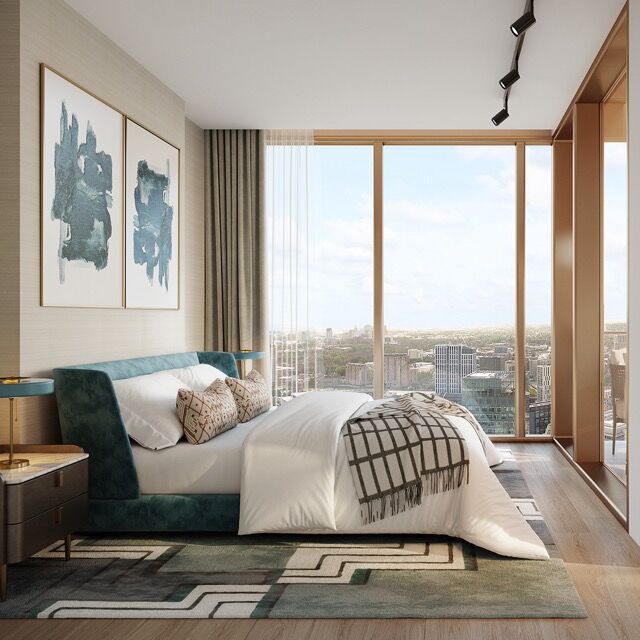 Luxury bedroom with city views in Manchester luxury residence.