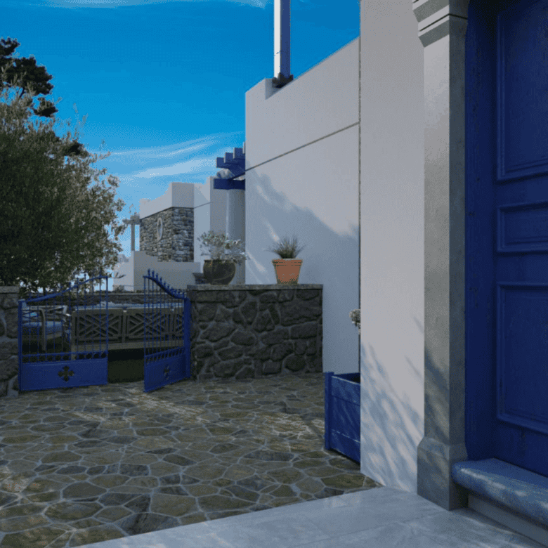 Traditional stone house entrance with blue doors and accents in Bodrum, Turkey.
