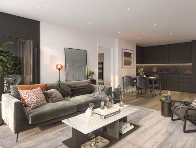 Modern studio apartment interior with city views, stylish furniture, and contemporary decor in Manch.