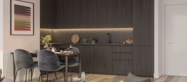 Modern studio apartment interior with city views in Manchester.