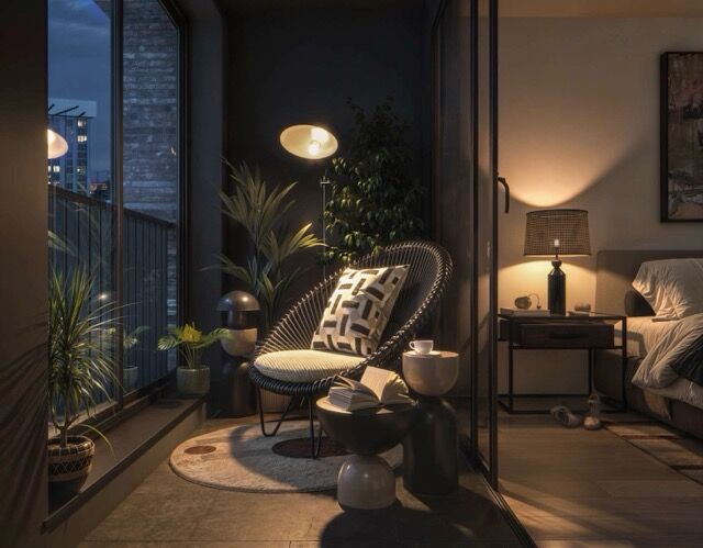 Urban studio with city skyline views in Manchester. Cozy interior with stylish furniture and ambient.