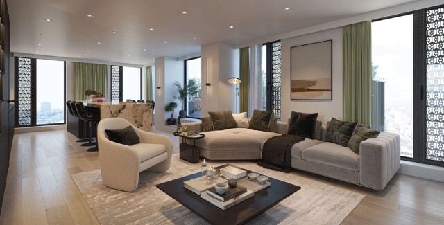 Spacious living room in a luxury 1-3 bedroom apartment in Manchester with modern furniture and city.