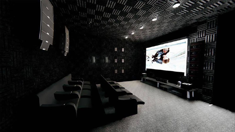 Home theater with large screen and surround sound system.