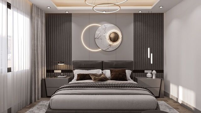 Modern bedroom with stylish decor and ambient lighting.