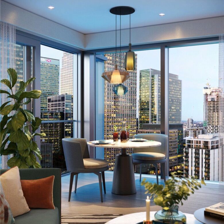 Bright interior of a luxury apartment in Canary Wharf with floor-to-ceiling windows showcasing city.