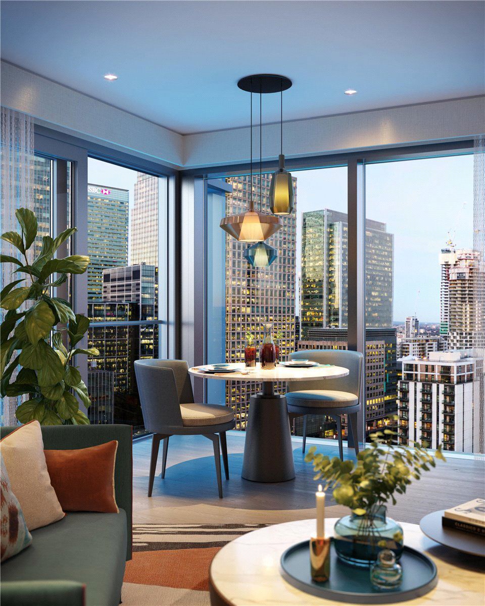 Elegant city view from a modern living room in Canary Wharf.