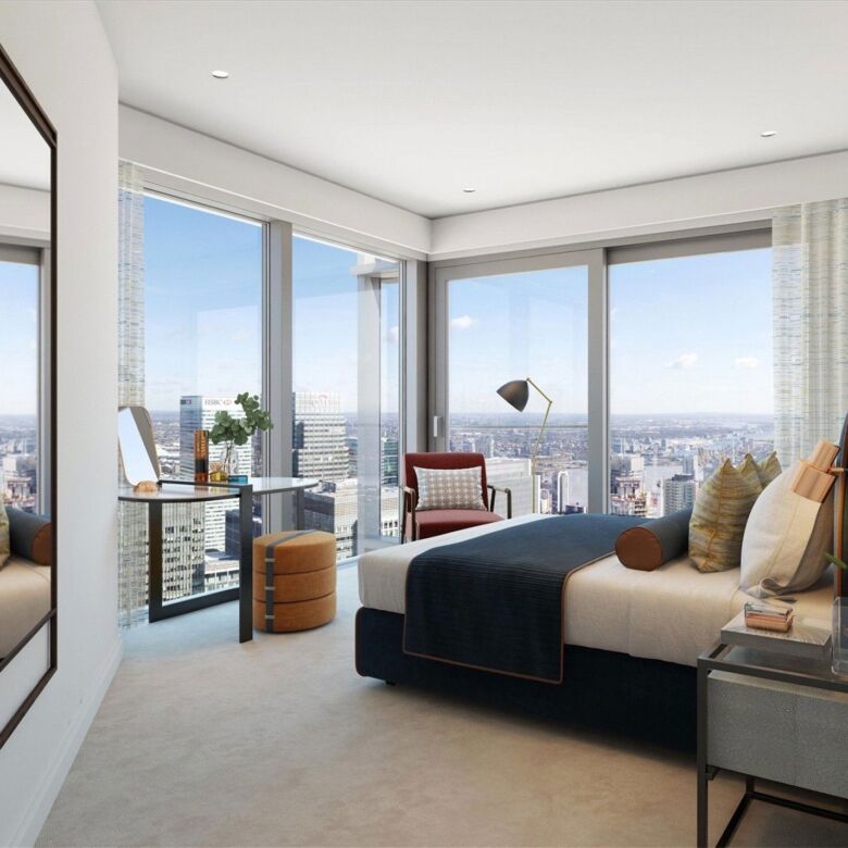 Elegant high-rise bedroom overlooking London skyline with modern furnishings and large windows.