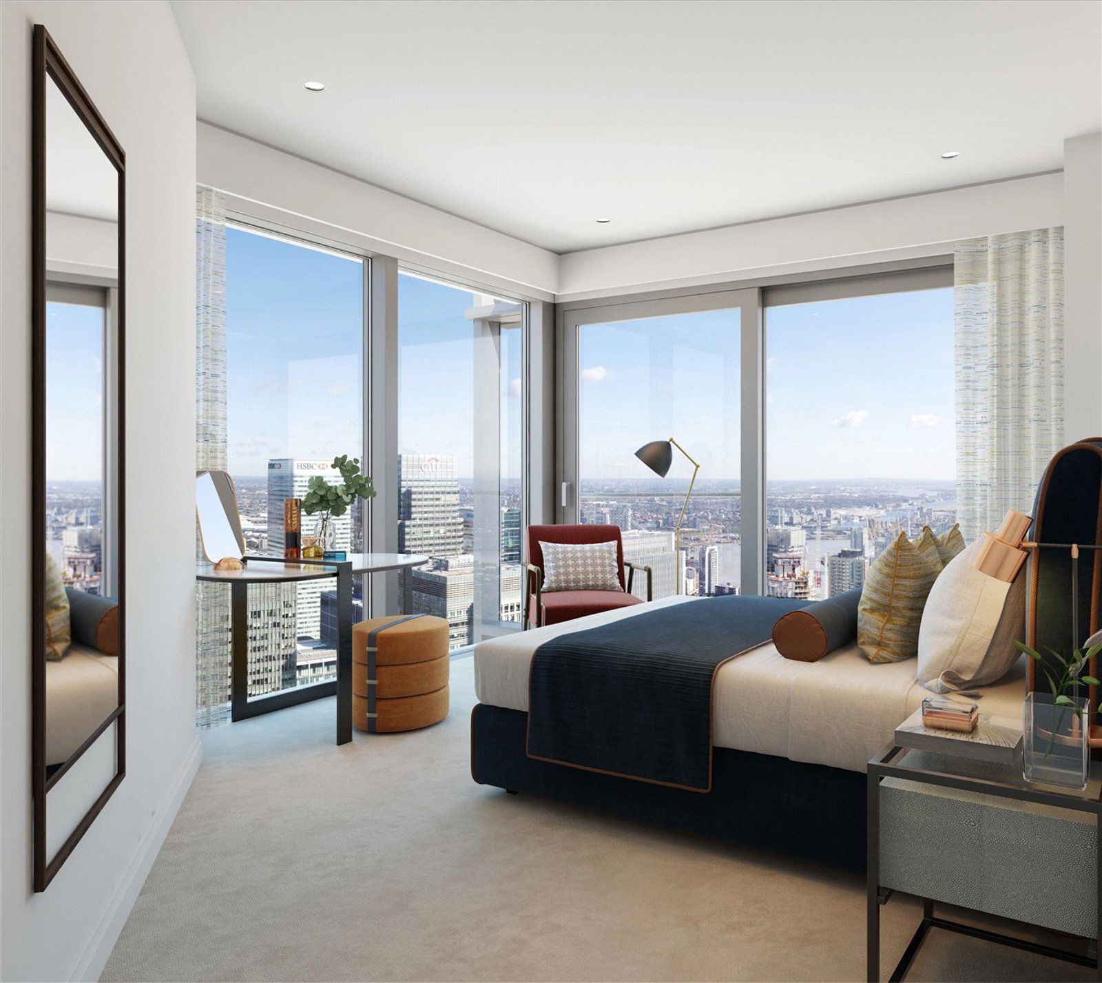 Luxury London High-Rise Bedroom with City Views Elegant high-rise bedroom overlooking London skyline with modern furnishings and large windows.