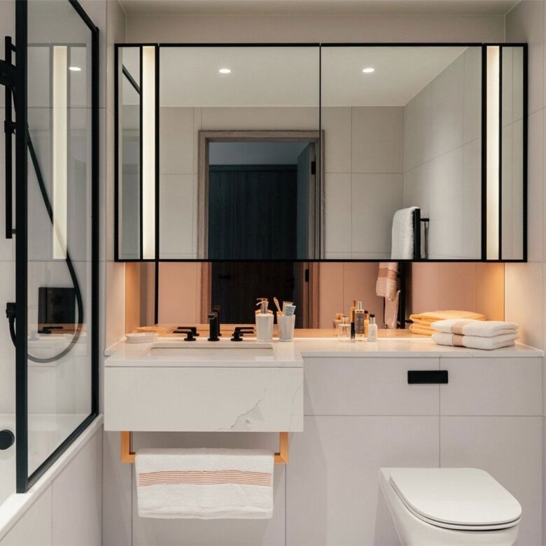 Modern bathroom in a luxury London high-rise apartment with contemporary fixtures and minimalist dec.