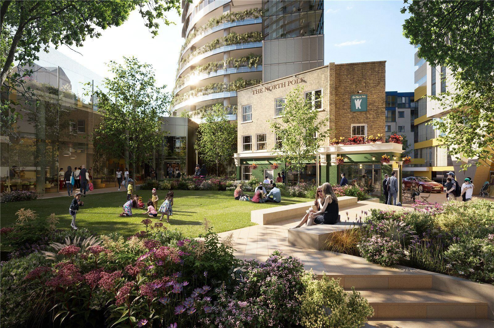 Modern residential building with lush green space in Canary Wharf.