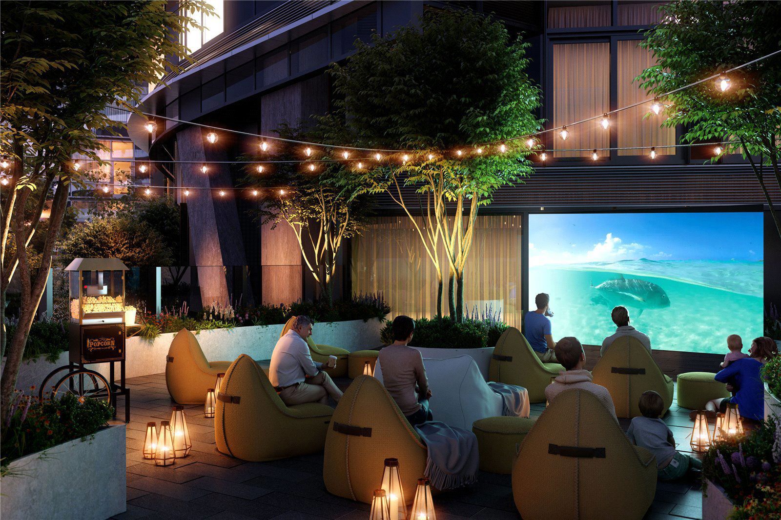 Elegant outdoor lounge with modern seating and string lights in Canary Wharf.