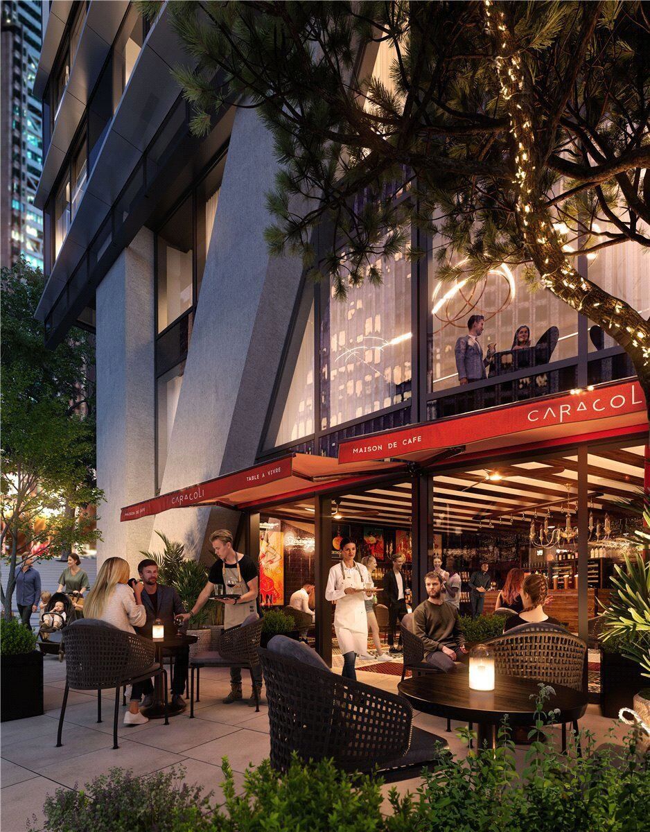 Elegant outdoor dining area at Canary Wharf with modern architecture and vibrant city views.