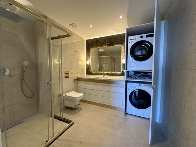 Luxurious bathroom featuring a glass shower enclosure, washing machine, and elegant vanity in a spac.