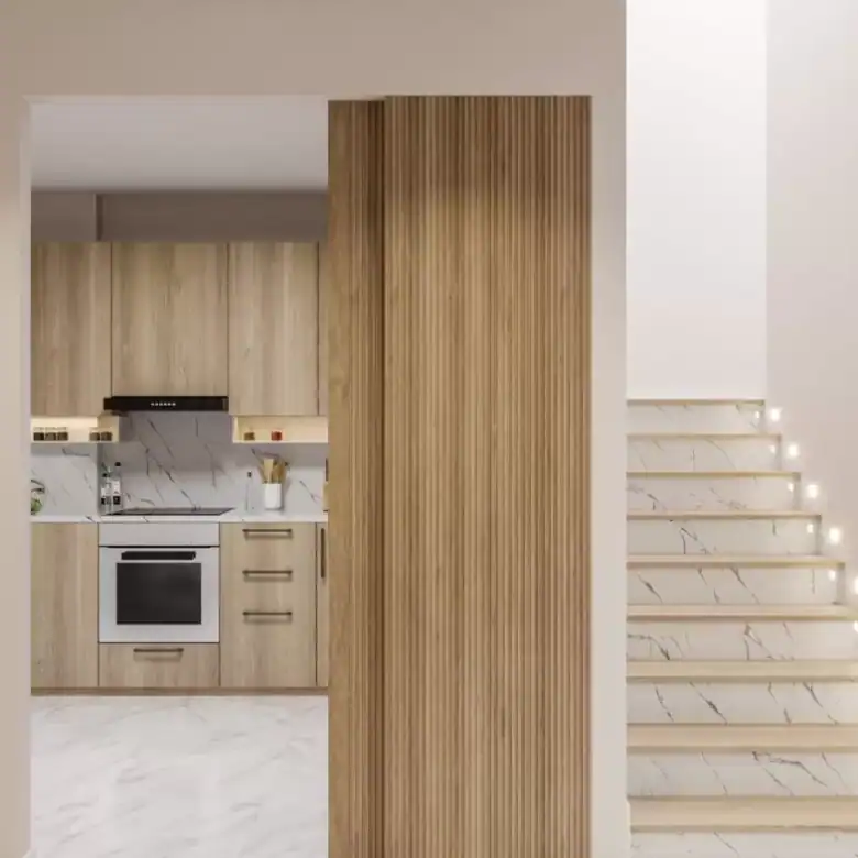 Contemporary kitchen and staircase in Erdemli Mersin city view flats.