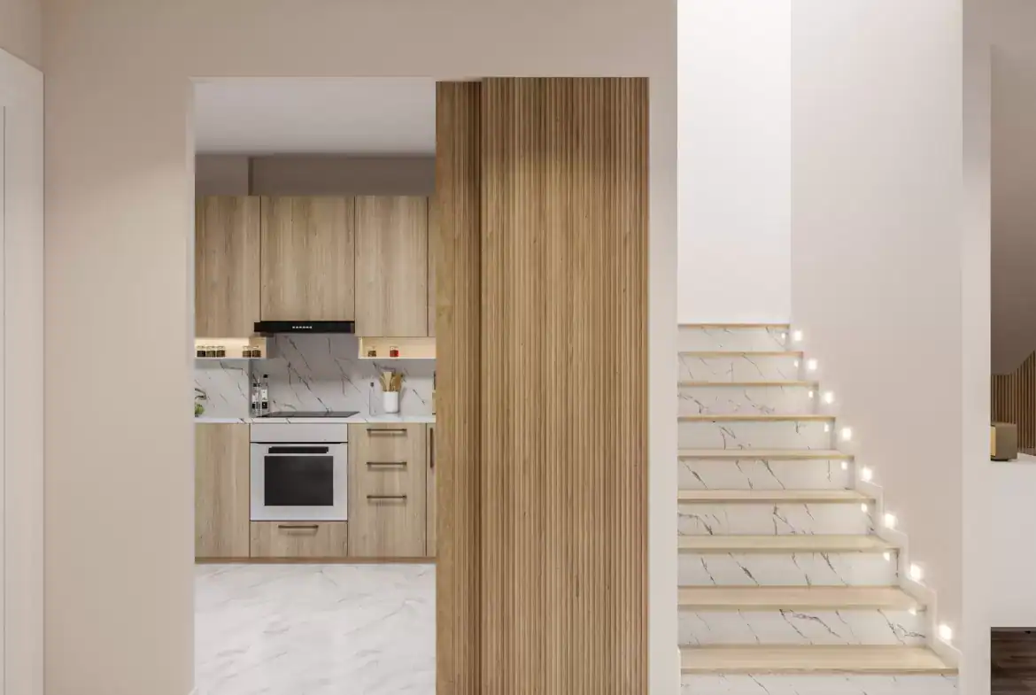Contemporary kitchen and staircase in Erdemli Mersin city view flats.