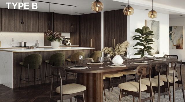 Modern dining area in luxury Manchester penthouse with stylish decor and elegant furnishings.