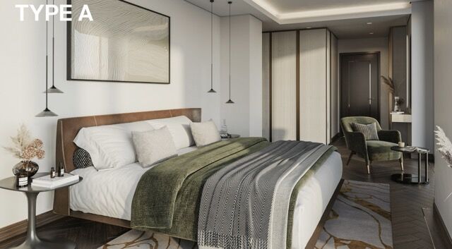 Modern luxury penthouse bedroom with stylish decor and city views in Manchester.