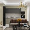 Modern kitchen and living room in stylish apartment in Mersin Erdemli.