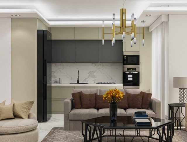 Modern kitchen and living room in stylish apartment in Mersin Erdemli.