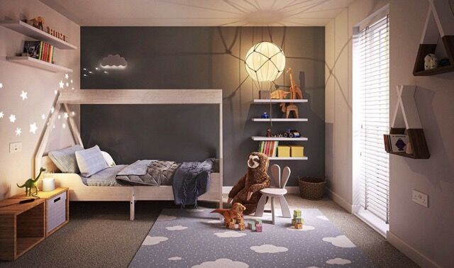 Modern children's bedroom with playful decor and cozy furnishings.