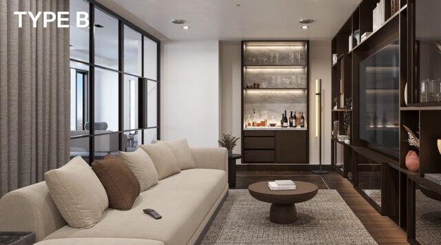Modern living room with stylish furniture and panoramic city views in Manchester.