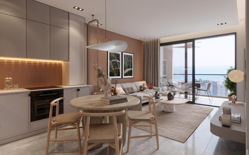 Apartment interior with sea view and balcony in Mersin, Turkey.