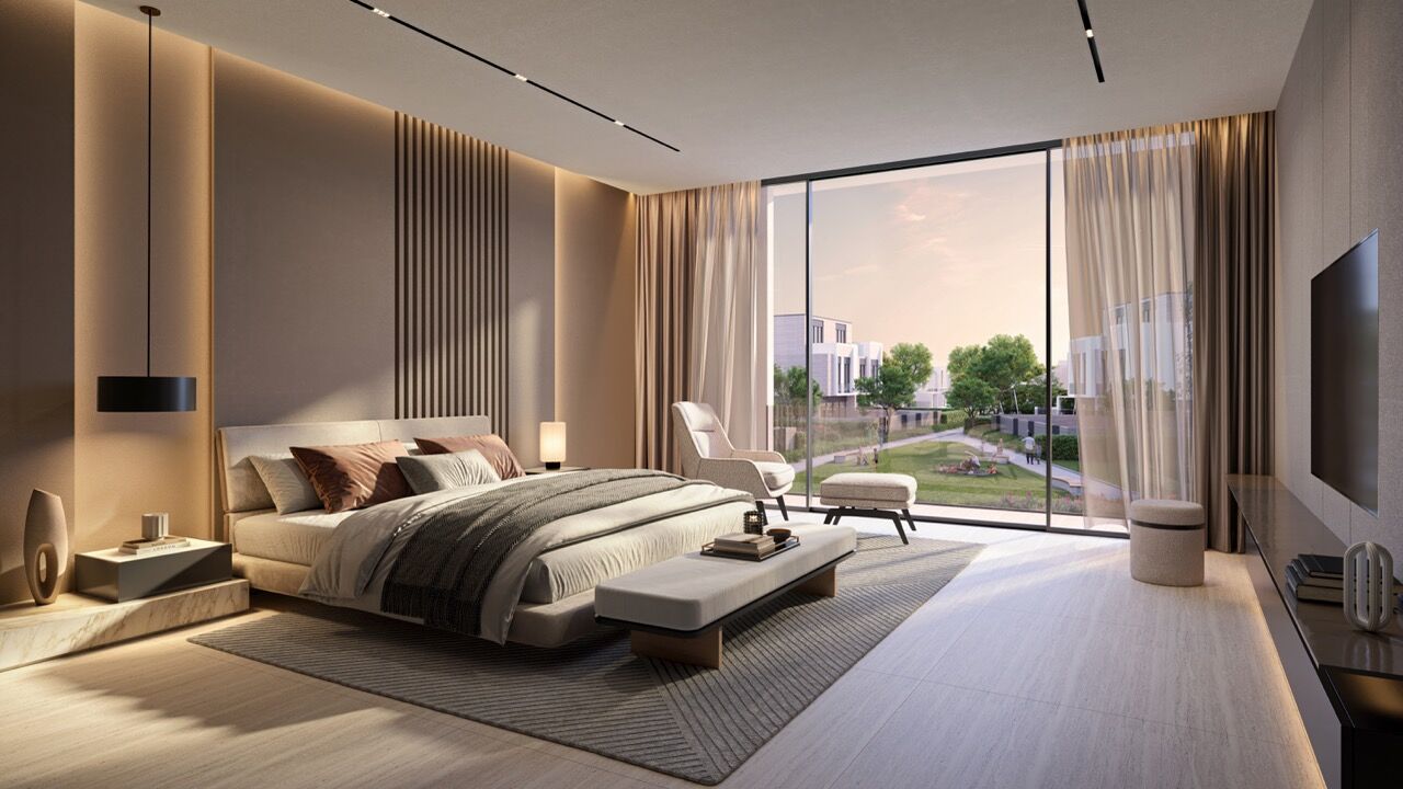 Luxury Golf Villas Dubai Elegant bedroom with large window and scenic views.