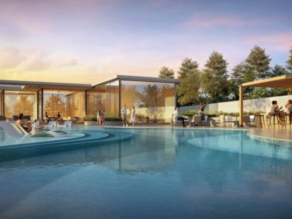 Luxury golf villas with pool and outdoor lounge in Jumeirah Golf Estates, Dubai.