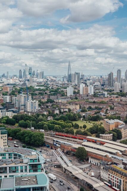 London skyline with iconic skyscrapers and transportation.