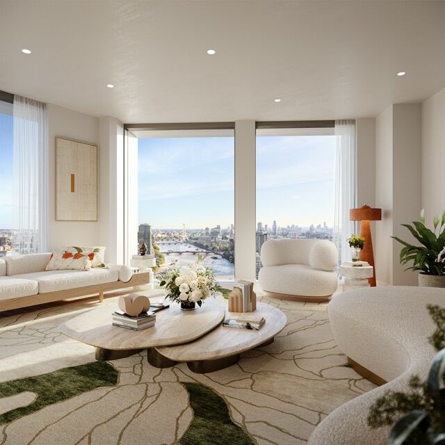Elegant living room with panoramic river views in One Nine Elms, London. Bright, modern space perfec.