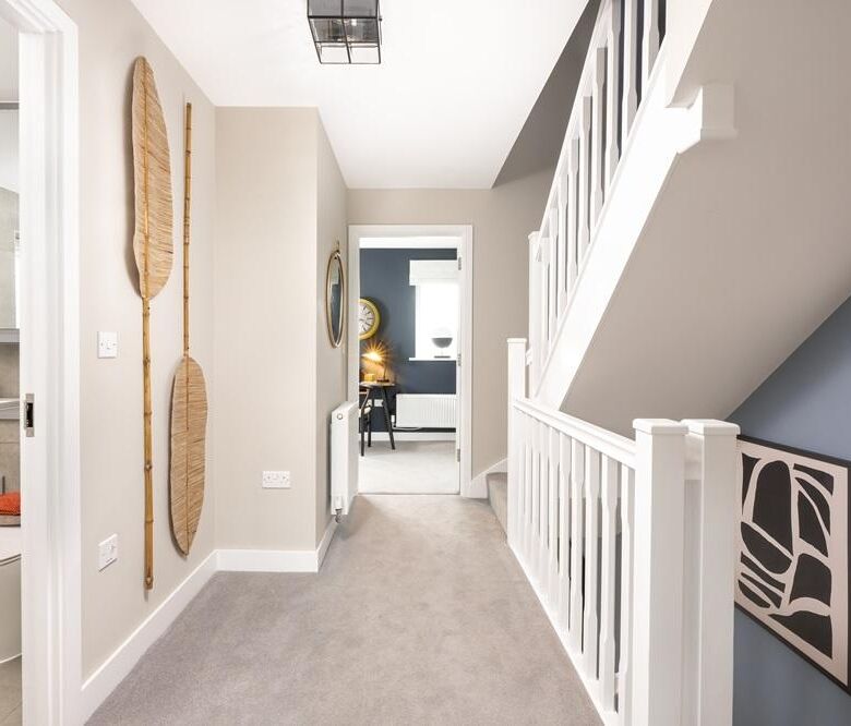 Bright hallway of a modern detached home in Cambridge with stylish decor and artwork.