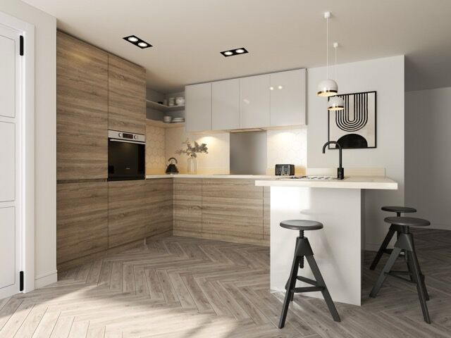 Modern kitchen with wooden cabinets and white countertops in Sheffield.