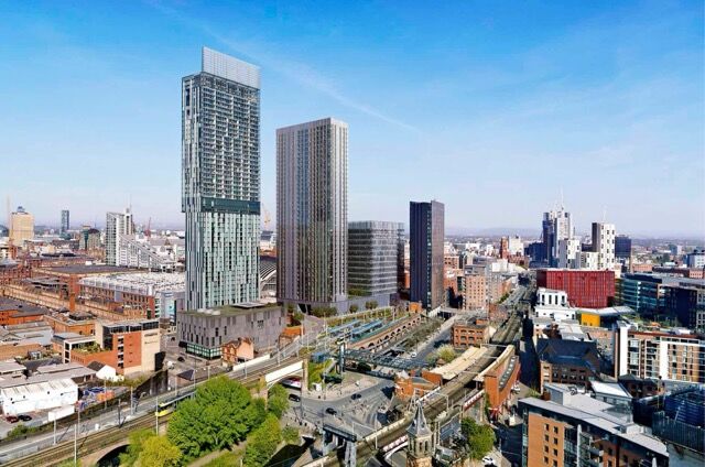 Modern luxury penthouses in Manchester's vibrant city center skyline.