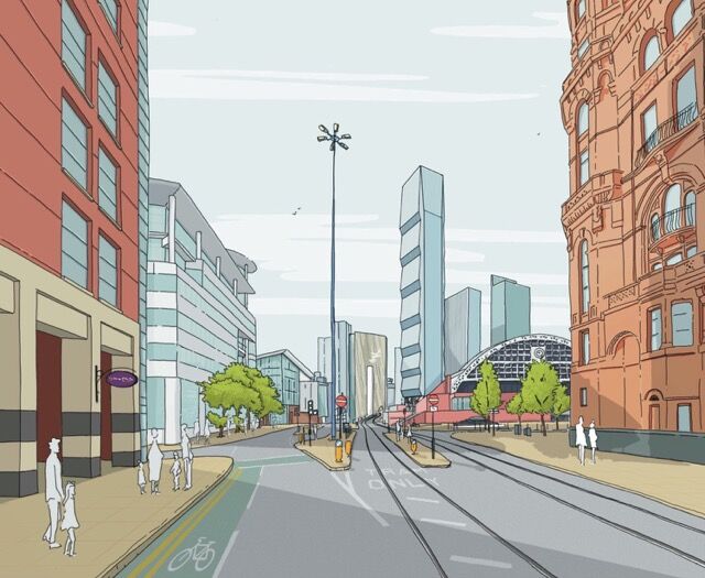 Modern Manchester cityscape with luxury residences and skyscrapers.