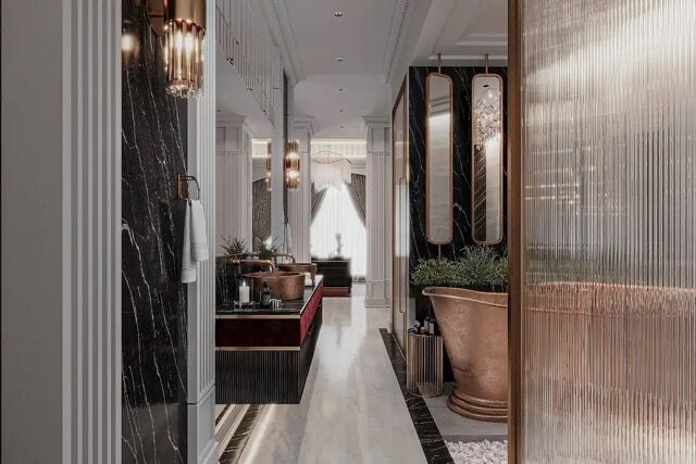 Luxurious bathroom with elegant fixtures and modern design in a tranquil villa setting.
