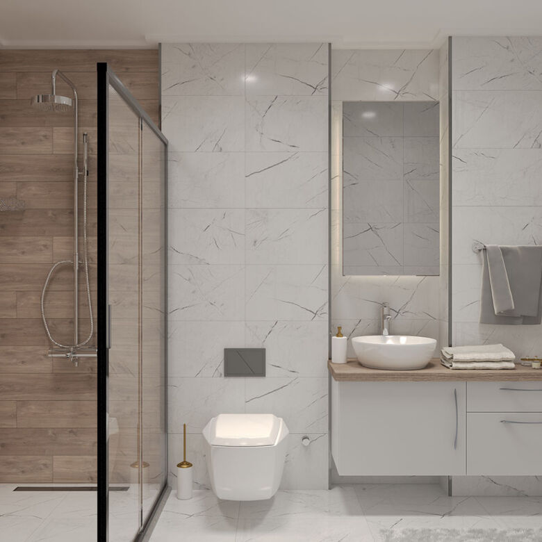 Modern bathroom with smart home features in Bodrum flats.
