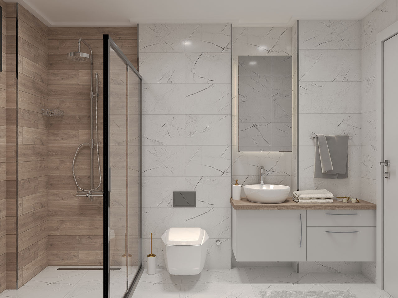 Modern bathroom with smart home features in Bodrum flats.