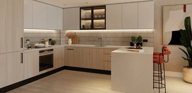 Bright, contemporary kitchen in canal-side apartments perfect for nature lovers.