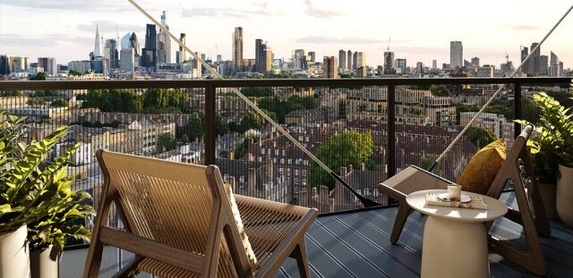Balcony view of London skyline from an exclusive Bethnal Green apartment.