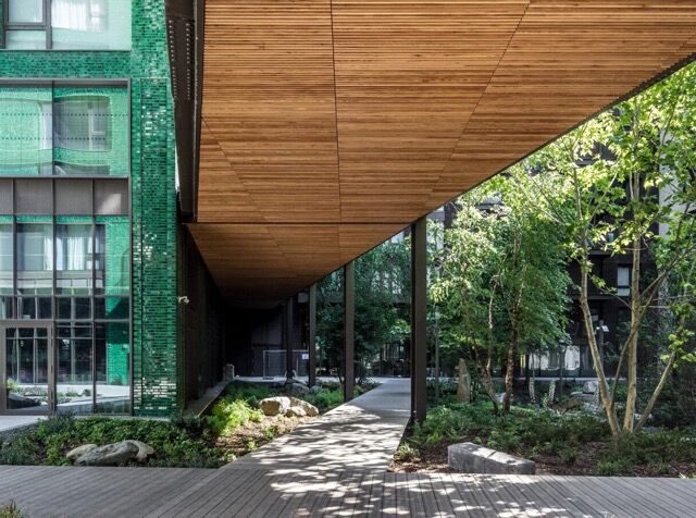 Modern riverside building with wooden overhang and lush greenery.