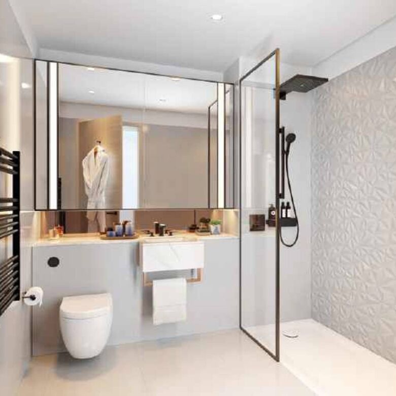 Elegant high-rise bathroom in central London with contemporary design.