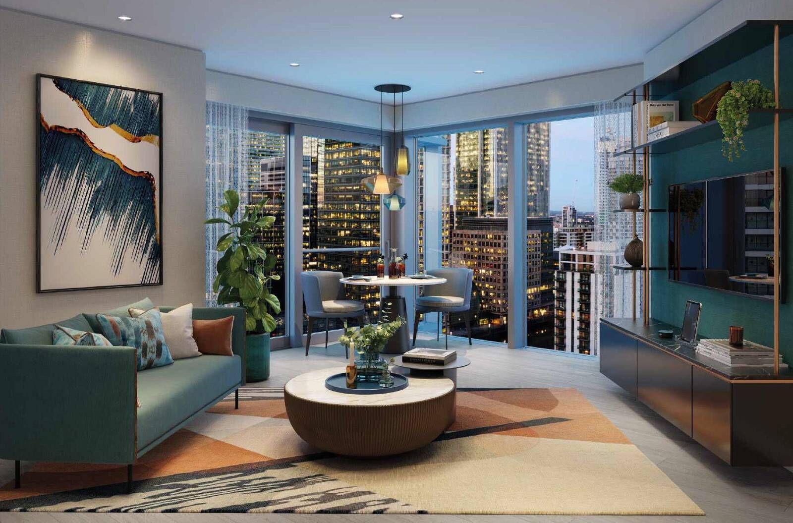 Luxurious London High-Rise Living Elegant high-rise apartment with panoramic city views in London.