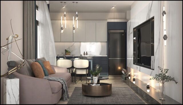 Modern living room with stylish decor and sea view in Mersin Erdemli.