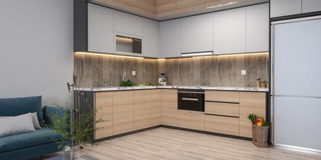 Contemporary kitchen in Mersin Tomuk 1-bedroom apartment with scenic views.
