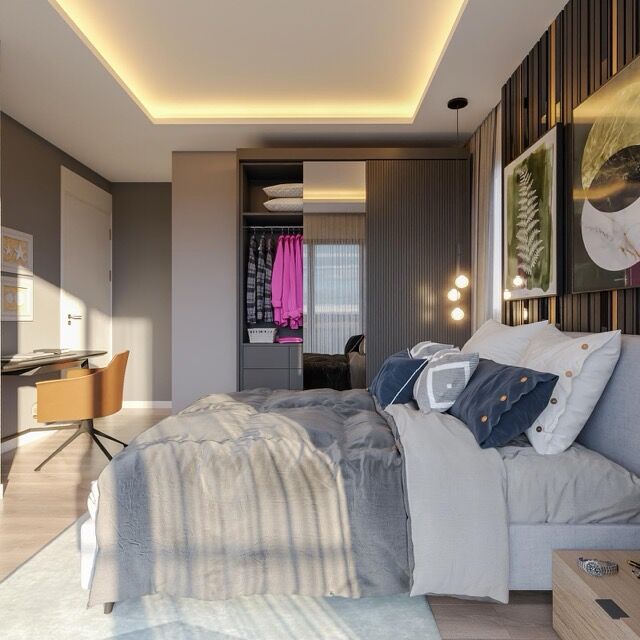 Spacious bedroom featuring contemporary design, cozy bedding, and elegant wall art in a profitable p.