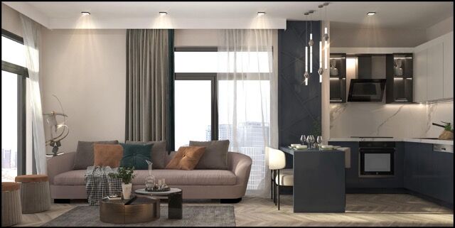 Bright living room with large windows overlooking the sea in Mersin Erdemli, featuring contemporary.